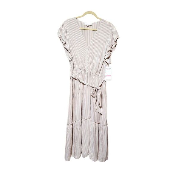 Lucky Brand Tiered Wrap Front Flutter Sleeve Midi Dress Plus XXL Latte Romantic - Picture 3 of 9